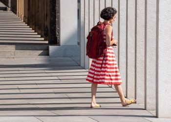 woman, dress, stripes, shadow, female, street, backpack, casual, outfit, stripes, street, backpack, backpack, backpack, backpack, backpack, outfit