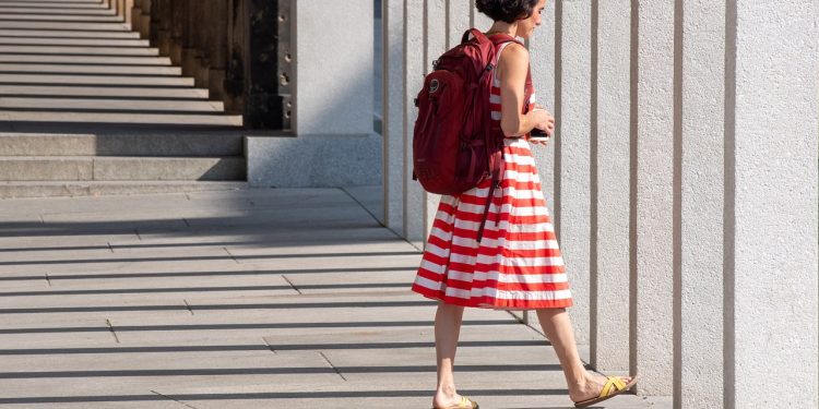 woman, dress, stripes, shadow, female, street, backpack, casual, outfit, stripes, street, backpack, backpack, backpack, backpack, backpack, outfit