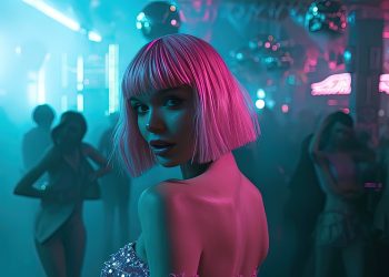 ai generated, girl, cyberpunk, party, rave, dance, lights, pink hair, young, party, party, party, party, party