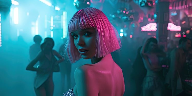 ai generated, girl, cyberpunk, party, rave, dance, lights, pink hair, young, party, party, party, party, party