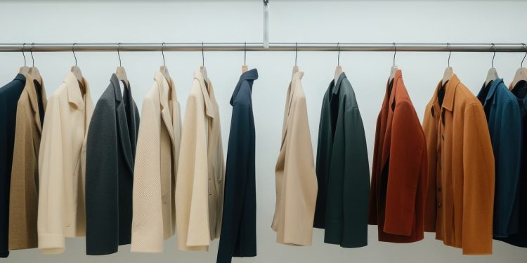 ai generated, coats, clothing, jacket collection, clothing rack, hanging, rack, coat hanging, jackets, wardrobe setup, stylish apparel, fashion, wardrobe, display, apparel, outerwear, closet, style, fashion display